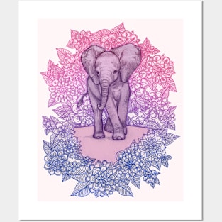 Cute Baby Elephant in pink, purple & blue Posters and Art